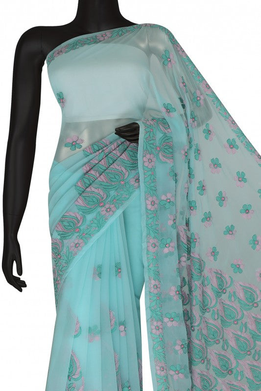 Ada Hand Embroidered Sea Green Georgette Lucknowi Chikankari Saree with Blouse A611776