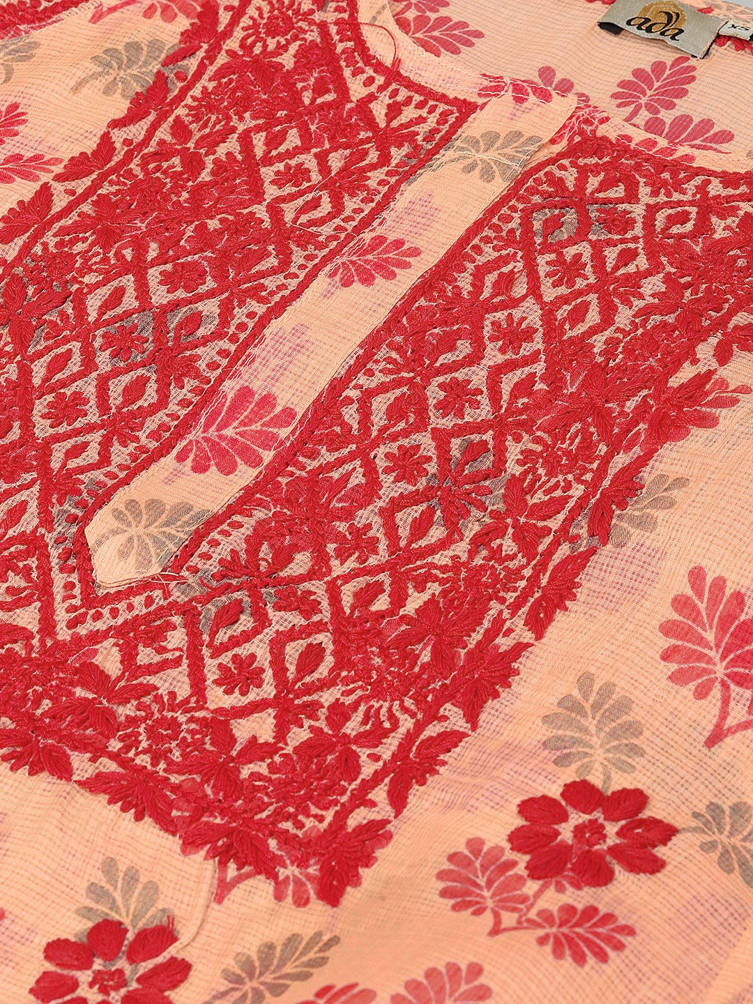 Ada Hand Embroidered Peach Kota Lucknowi Chikankari Straight Kurta A100582