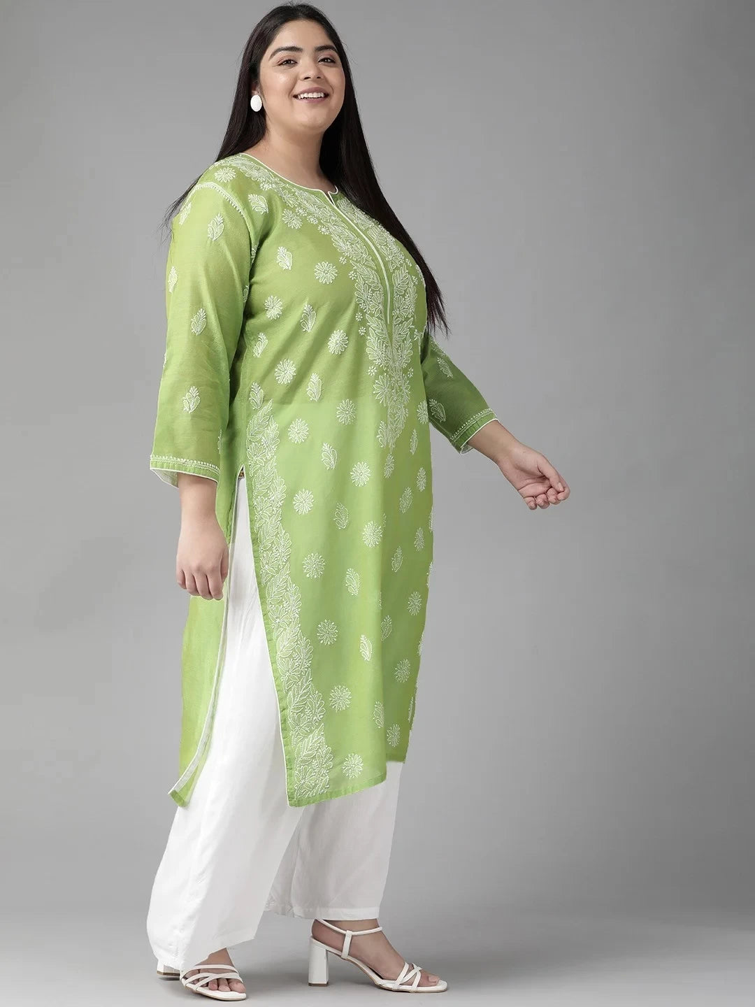 Ada Hand Embroidered Green Chanderi Lucknowi Chikankari Straight Kurta  A411174