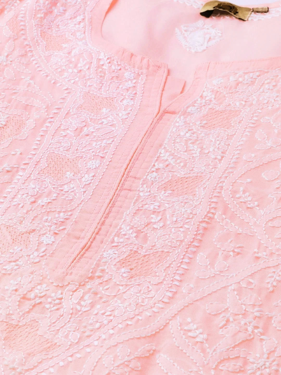 Ada Hand Embroidered Peach Cotton Lucknowi Chikankari Straight Kurta A100539