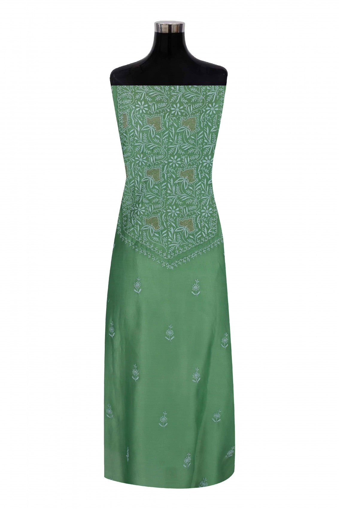 Ada Hand Embroidered Pickle Green Chanderi Lucknowi Chikankari Semi-stitched Kurta Dupatta Set With Zari Work 01A129514