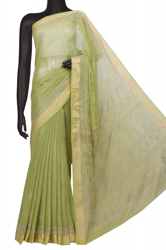 Ada Hand Embroidered Pear Green Tissue Lucknowi Chikankari Saree With Blouse- A615160