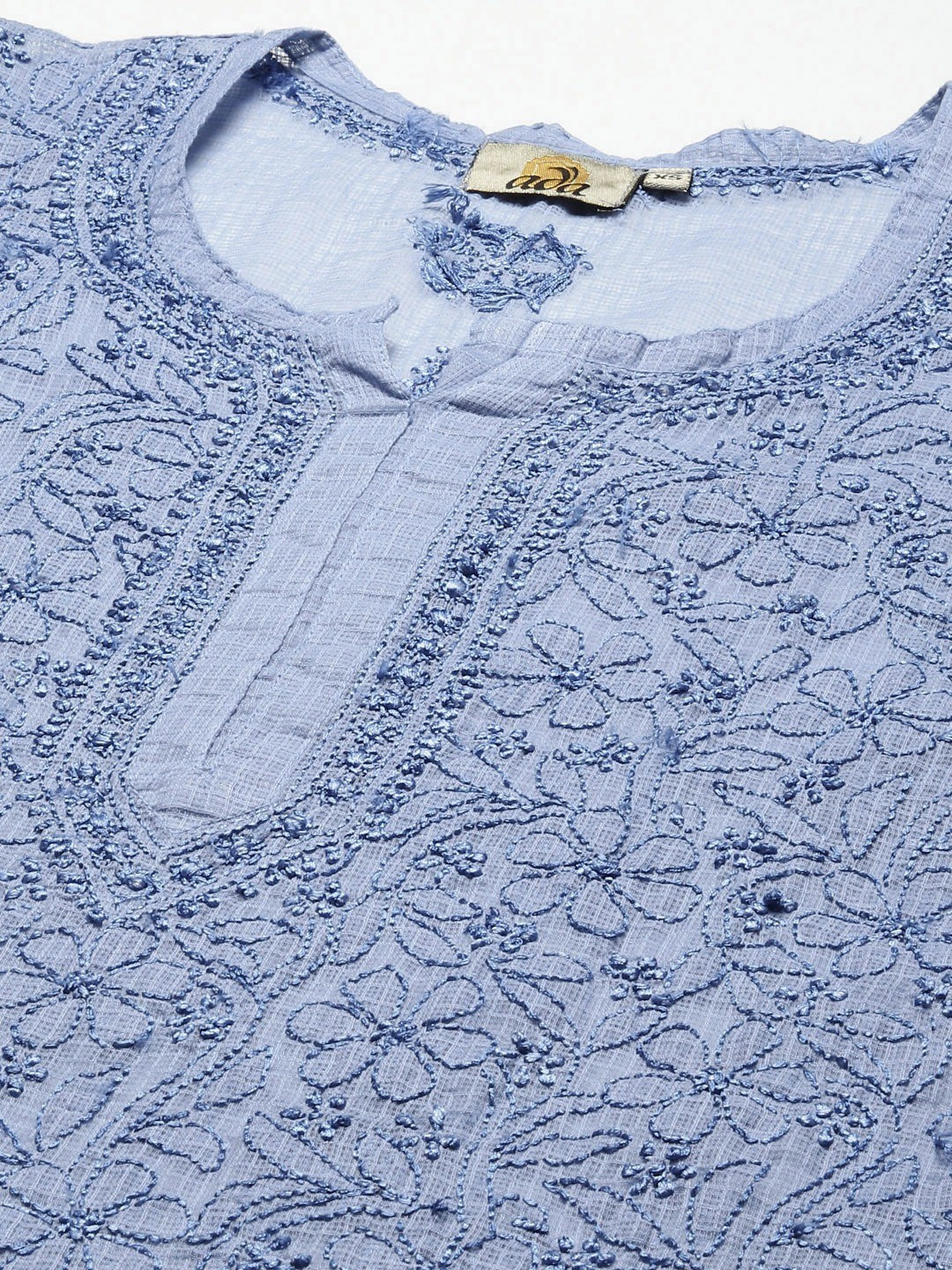 Ada Hand Embroidered Blue Kota Lucknow Chikan Kurti With Slip A911182