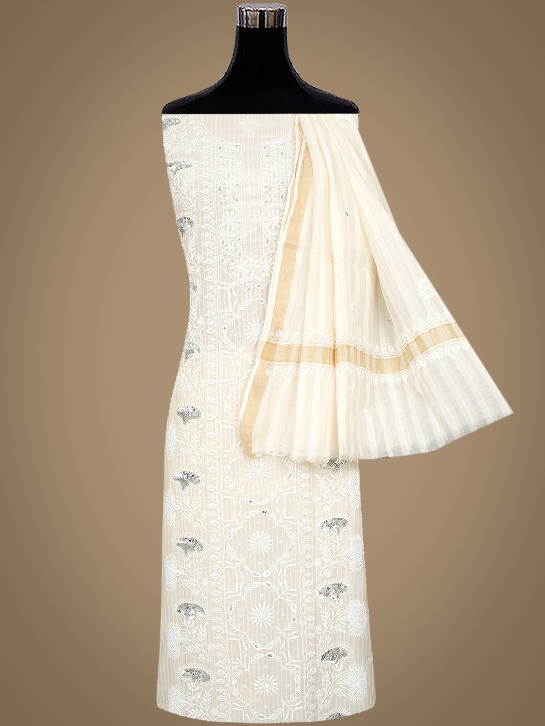 Ada Hand Embroidered Off-White Chanderi Lucknowi Chikankari Unstitched Kurta Dupatta Set With Pearl Work 01A973910