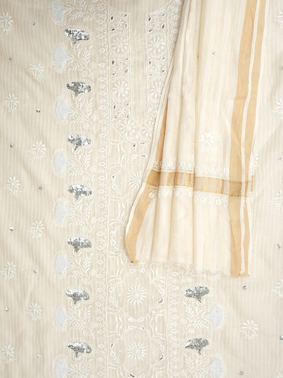 Ada Hand Embroidered Off-White Chanderi Lucknowi Chikankari Unstitched Kurta Dupatta Set With Pearl Work 01A973910