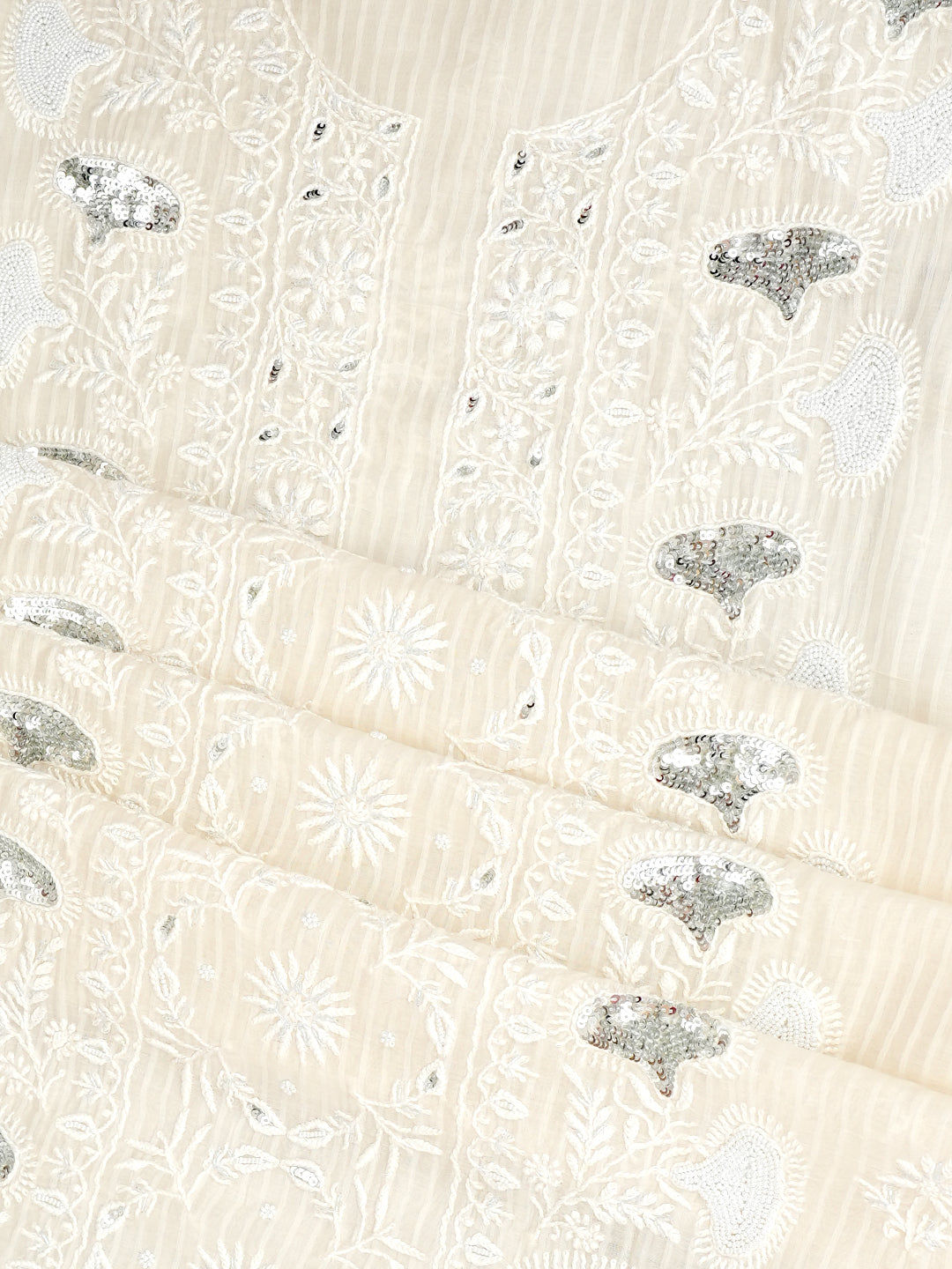 Ada Hand Embroidered Off-White Chanderi Lucknowi Chikankari Unstitched Kurta Dupatta Set With Pearl Work 01A973910
