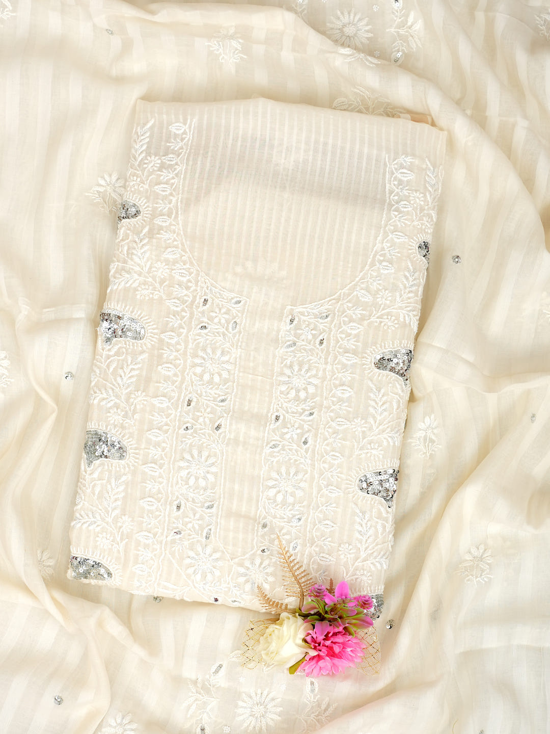 Ada Hand Embroidered Off-White Chanderi Lucknowi Chikankari Unstitched Kurta Dupatta Set With Pearl Work 01A973910