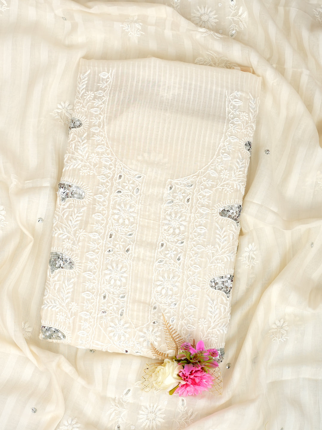 Ada Hand Embroidered Off-White Chanderi Lucknowi Chikankari Unstitched Kurta Dupatta Set With Pearl Work 01A973910