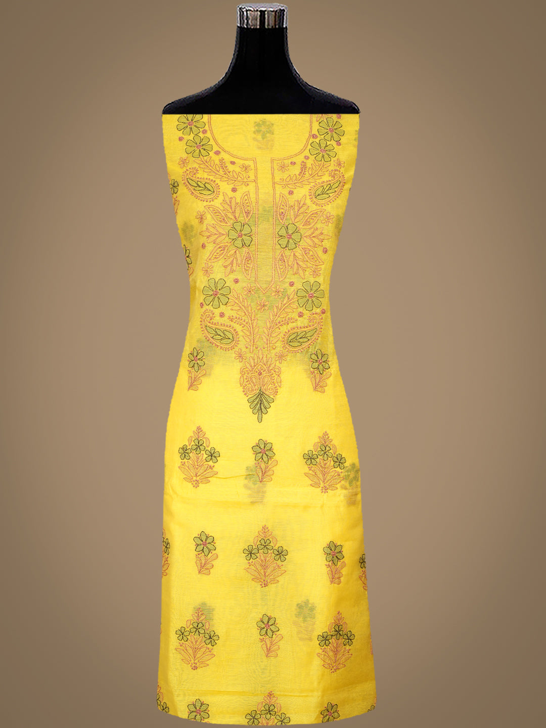 Ada Hand Embroidered Yellow Chanderi Lucknowi Chikankari Unstitched Kurta Dupatta Set 01A1014812
