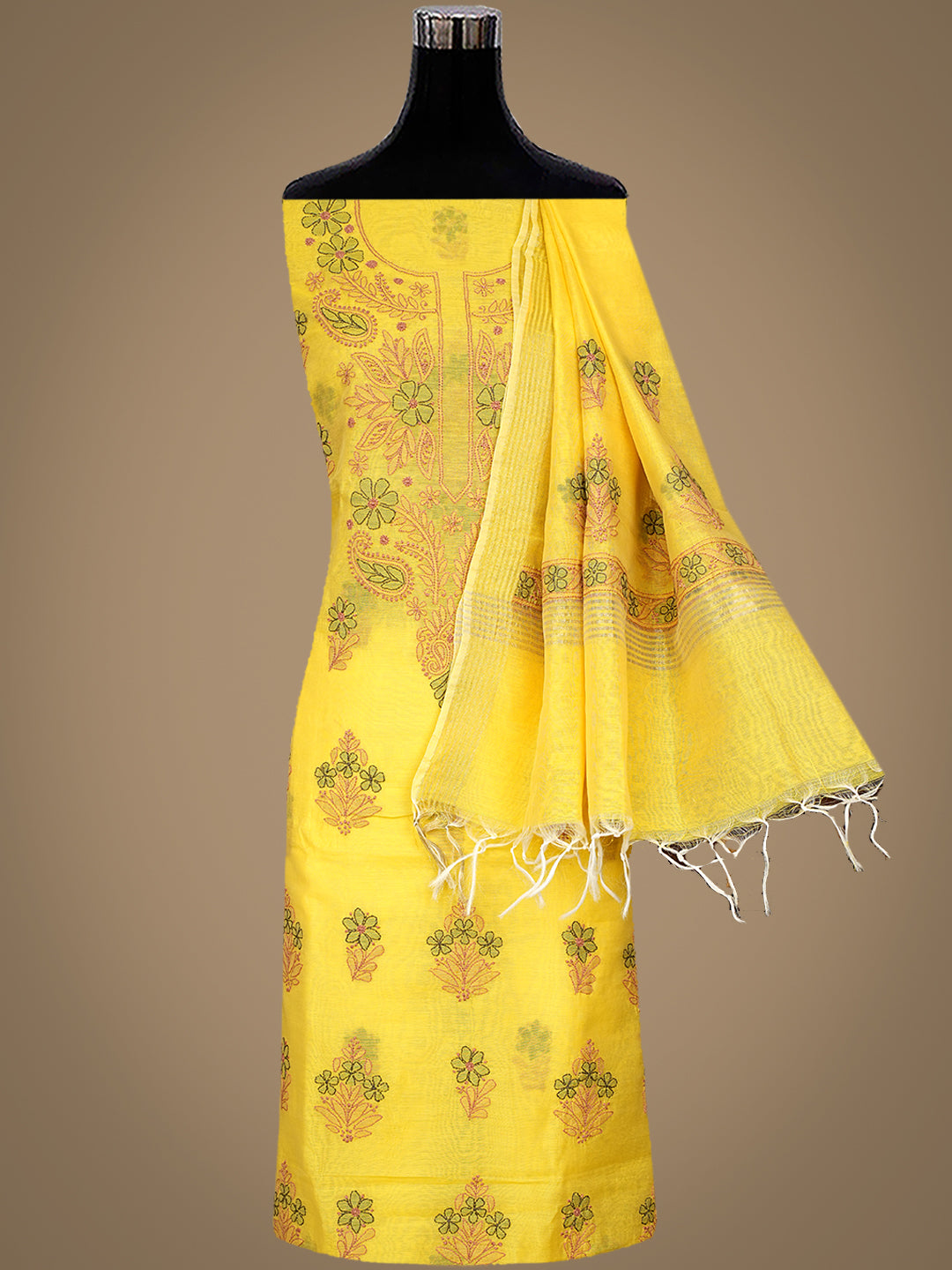 Ada Hand Embroidered Yellow Chanderi Lucknowi Chikankari Unstitched Kurta Dupatta Set 01A1014812