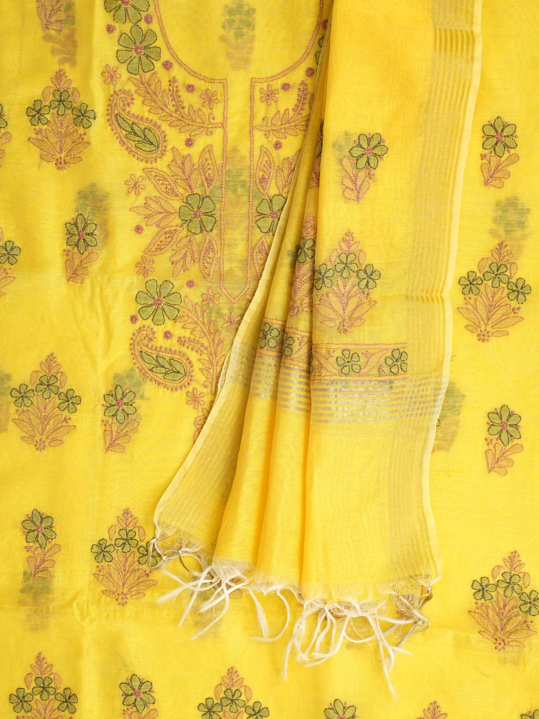 Ada Hand Embroidered Yellow Chanderi Lucknowi Chikankari Unstitched Kurta Dupatta Set 01A1014812