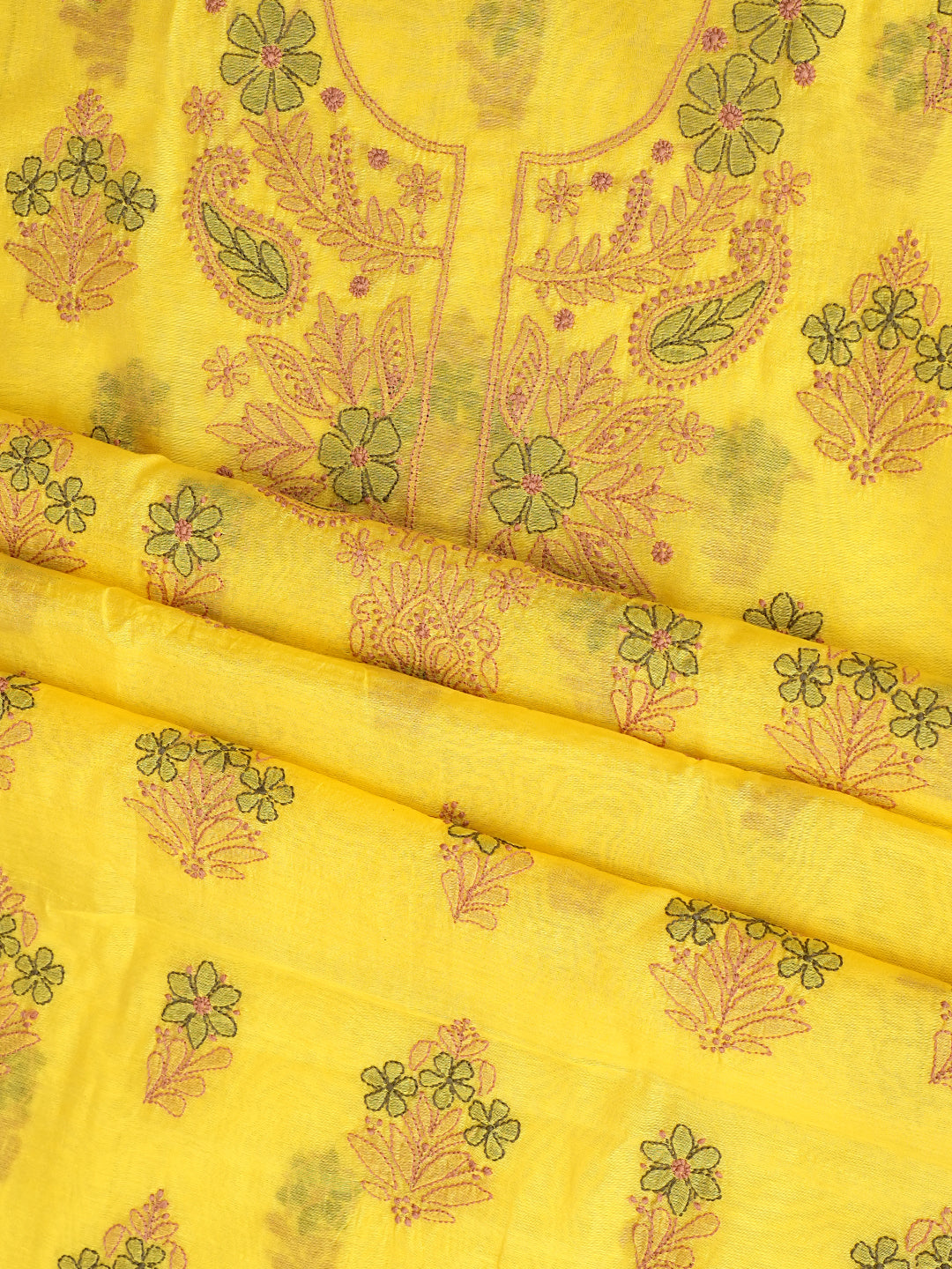 Ada Hand Embroidered Yellow Chanderi Lucknowi Chikankari Unstitched Kurta Dupatta Set 01A1014812