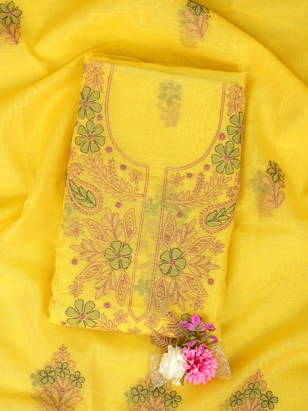 Ada Hand Embroidered Yellow Chanderi Lucknowi Chikankari Unstitched Kurta Dupatta Set 01A1014812