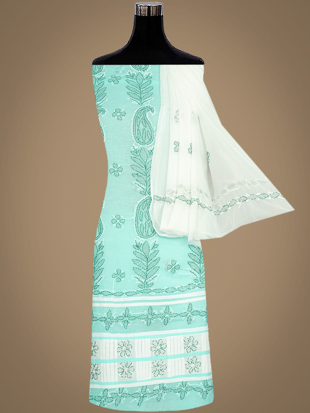 Ada Hand Embroidered Sea Green Cotton Lucknowi Chikankari Unstitched Suit Piece With Chiffon Dupatta 01A935700_4