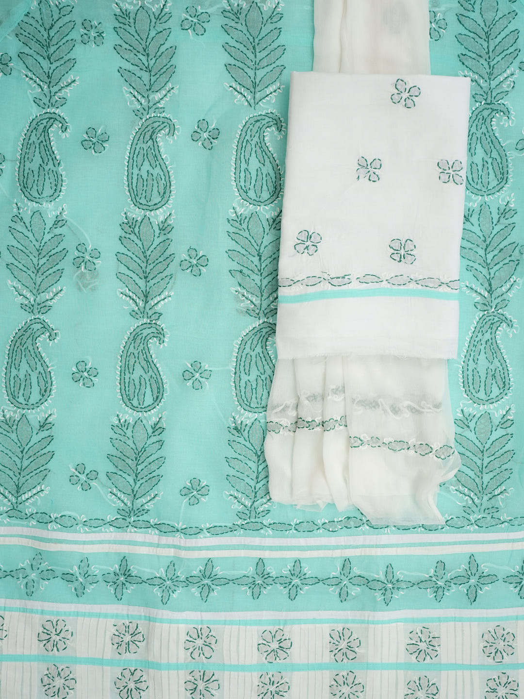 Ada Hand Embroidered Sea Green Cotton Lucknowi Chikankari Unstitched Suit Piece With Chiffon Dupatta 01A935700_5