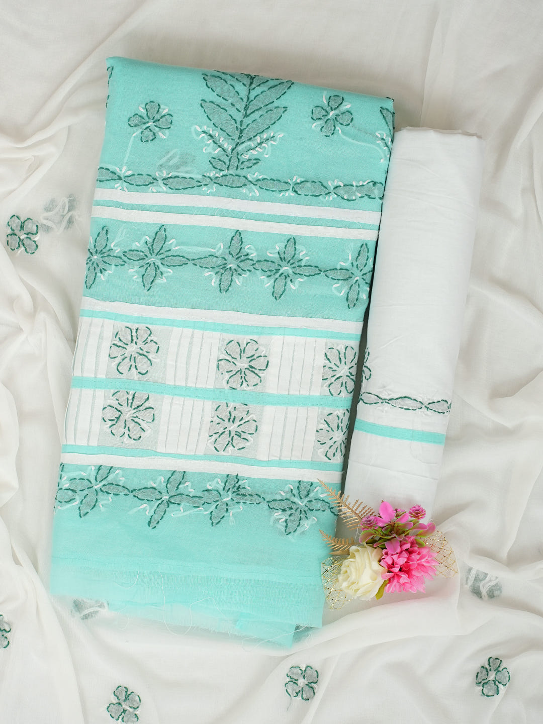 Ada Hand Embroidered Sea Green Cotton Lucknowi Chikankari Unstitched Suit Piece With Chiffon Dupatta 01A935700_1
