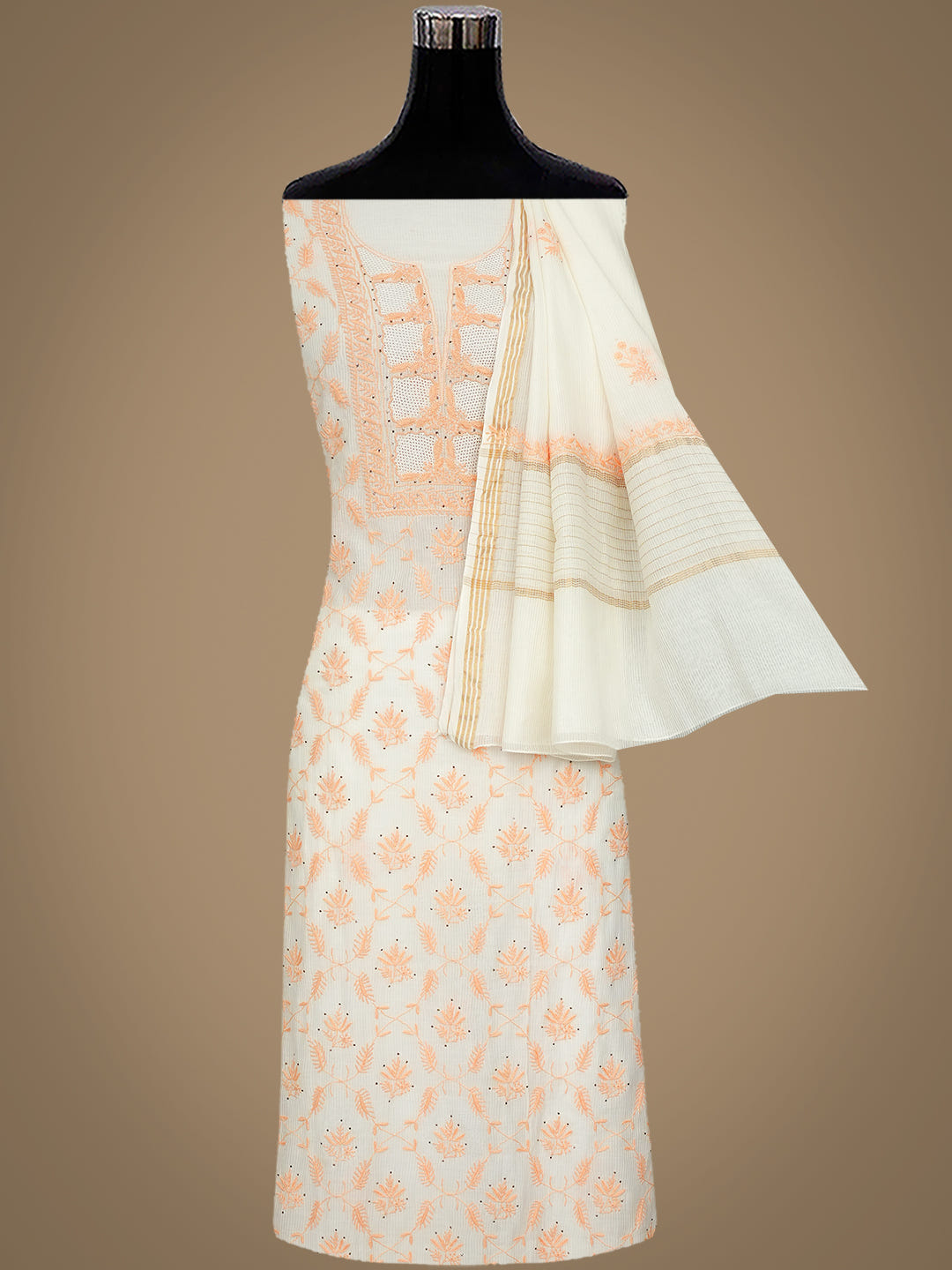 Ada Hand Embroidered White Chanderi Lucknowi Chikankari Unstitched Kurta Dupatta Set With Mukaish/Muqaish Work 01A396156