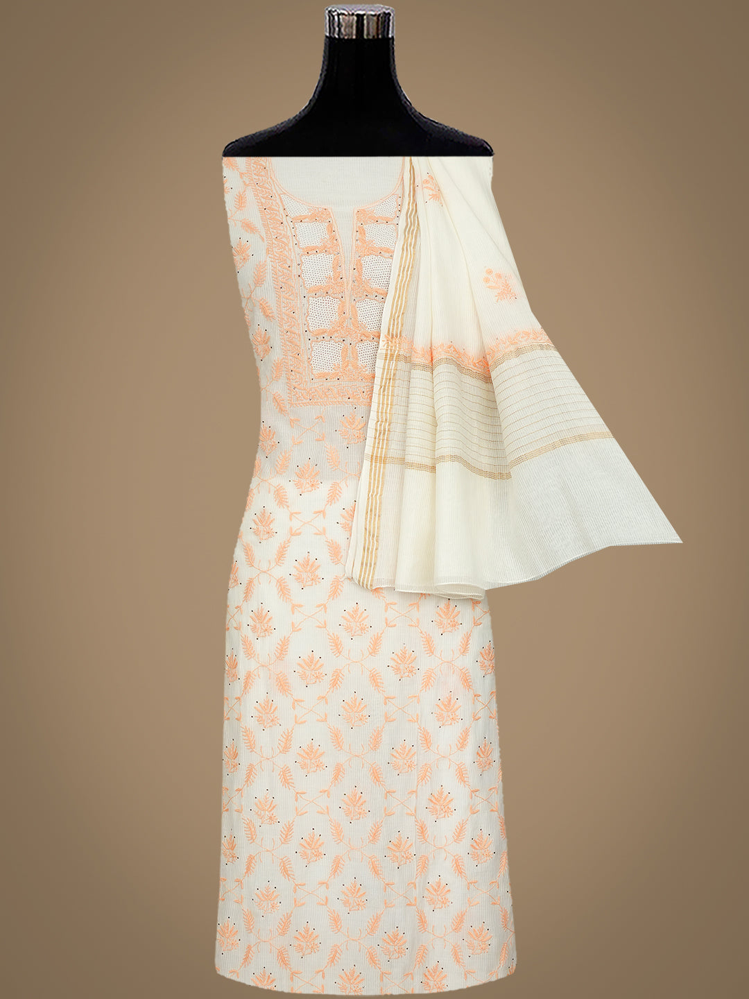 Ada Hand Embroidered White Chanderi Lucknowi Chikankari Unstitched Kurta Dupatta Set With Mukaish/Muqaish Work 01A396156