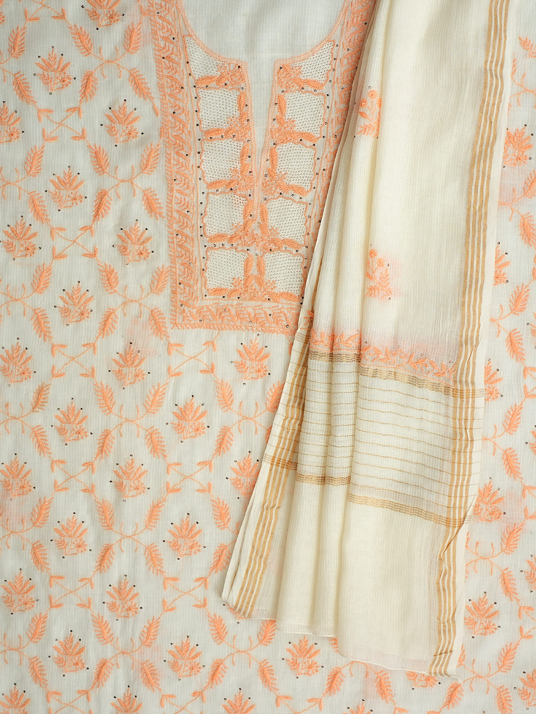 Ada Hand Embroidered White Chanderi Lucknowi Chikankari Unstitched Kurta Dupatta Set With Mukaish/Muqaish Work 01A396156