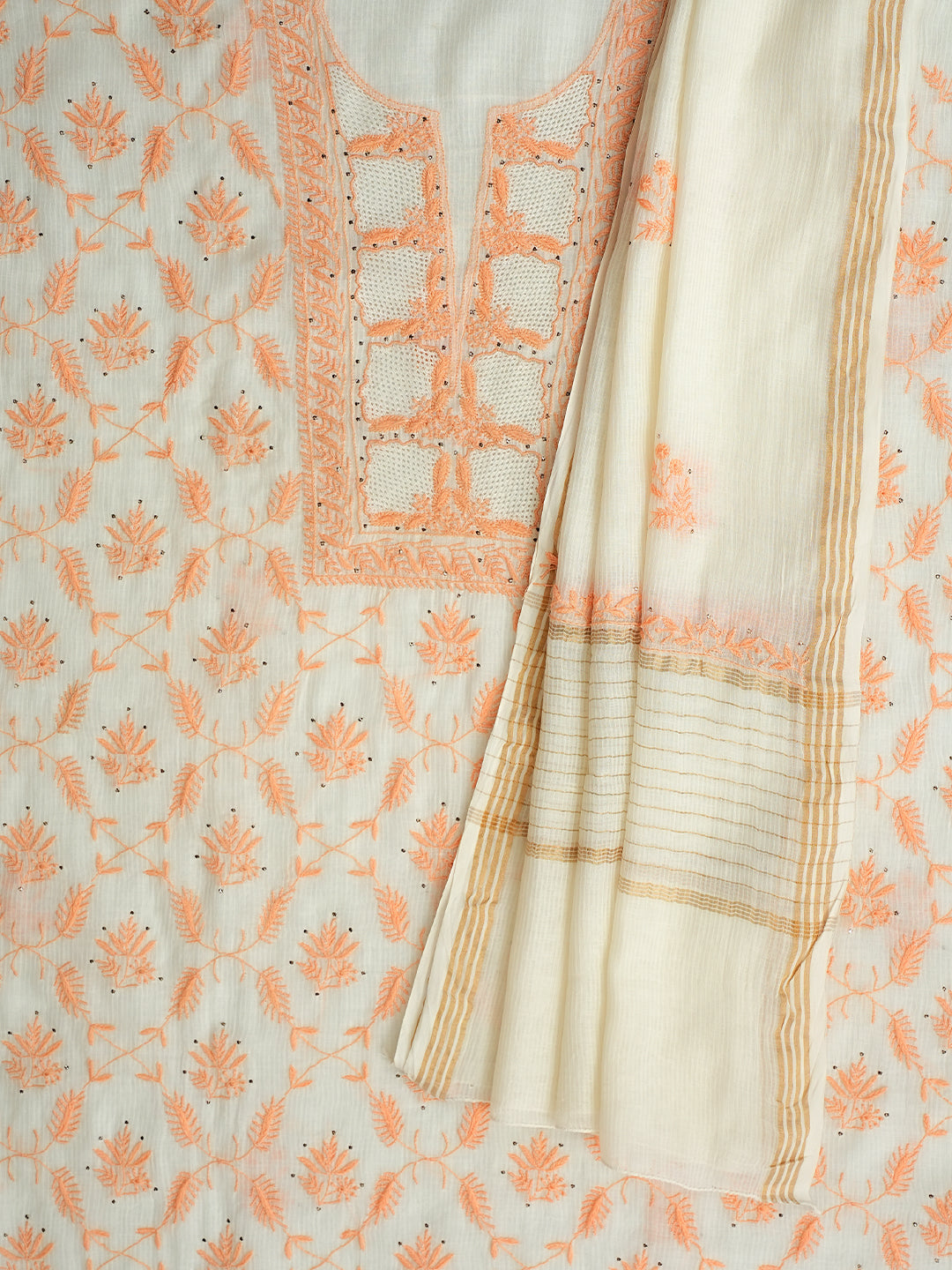 Ada Hand Embroidered White Chanderi Lucknowi Chikankari Unstitched Kurta Dupatta Set With Mukaish/Muqaish Work 01A396156