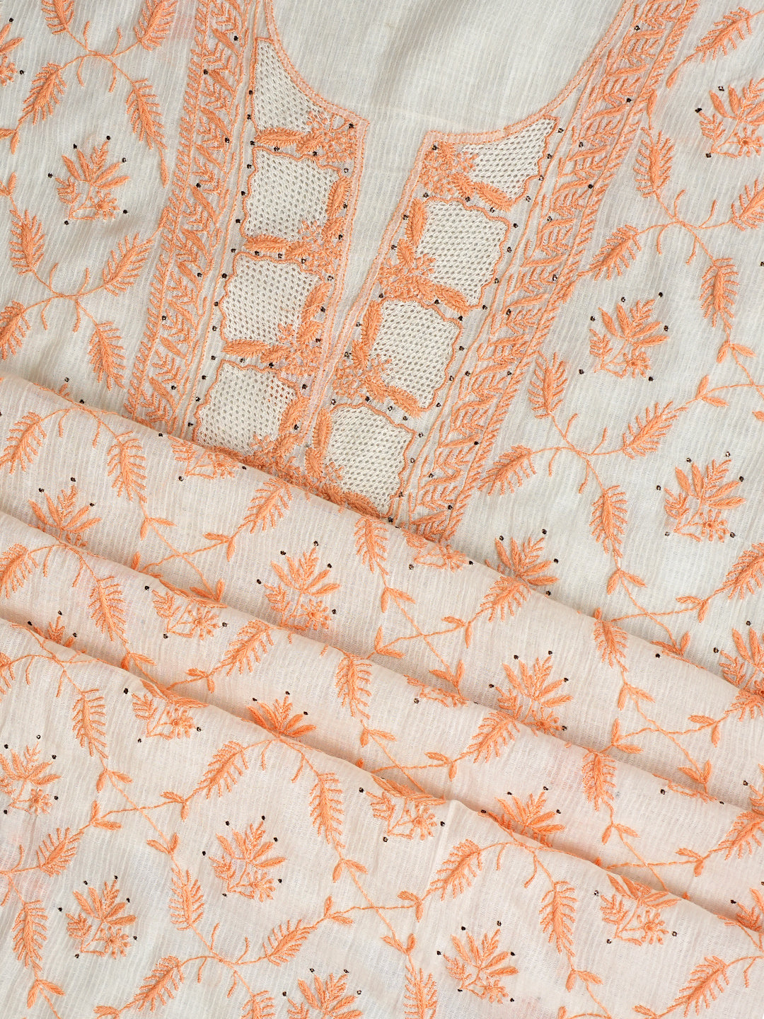 Ada Hand Embroidered White Chanderi Lucknowi Chikankari Unstitched Kurta Dupatta Set With Mukaish/Muqaish Work 01A396156