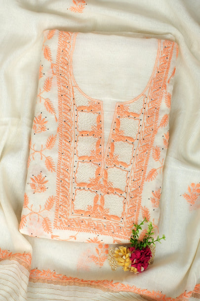 Ada Hand Embroidered White Chanderi Lucknowi Chikankari Unstitched Kurta Dupatta Set With Mukaish/Muqaish Work 01A396156