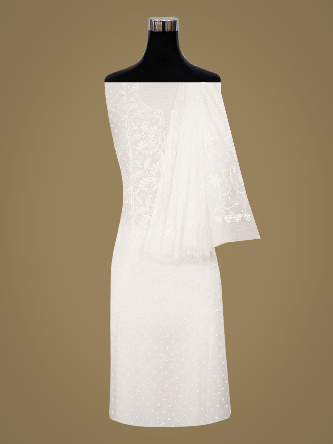 Ada Hand Embroidered White Chanderi Lucknowi Chikankari Unstitched Kurta Dupatta Set With Pearl & Cutdana Work 01A977152