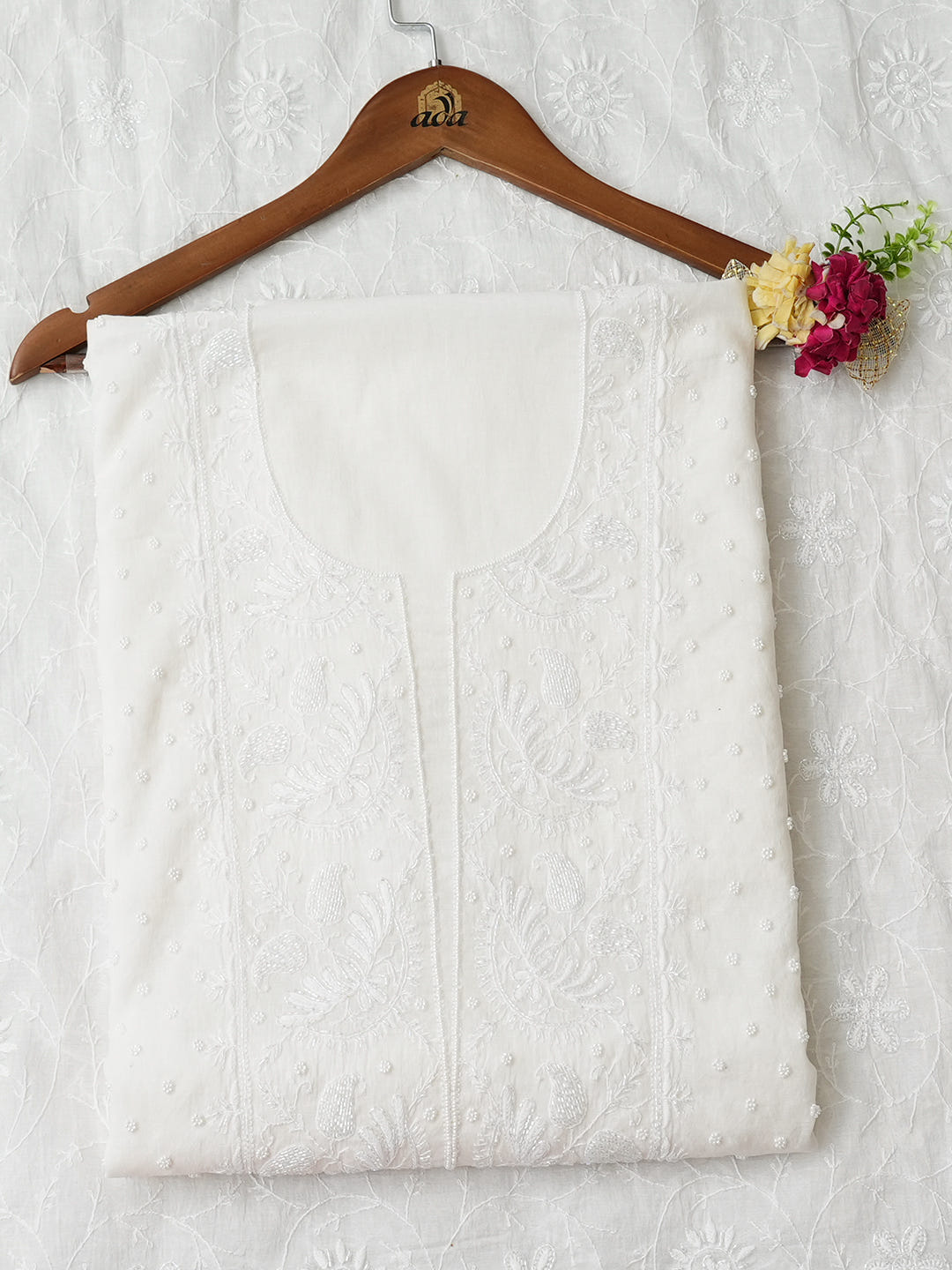 Ada Hand Embroidered White Chanderi Lucknowi Chikankari Unstitched Kurta Dupatta Set With Pearl & Cutdana Work 01A977152
