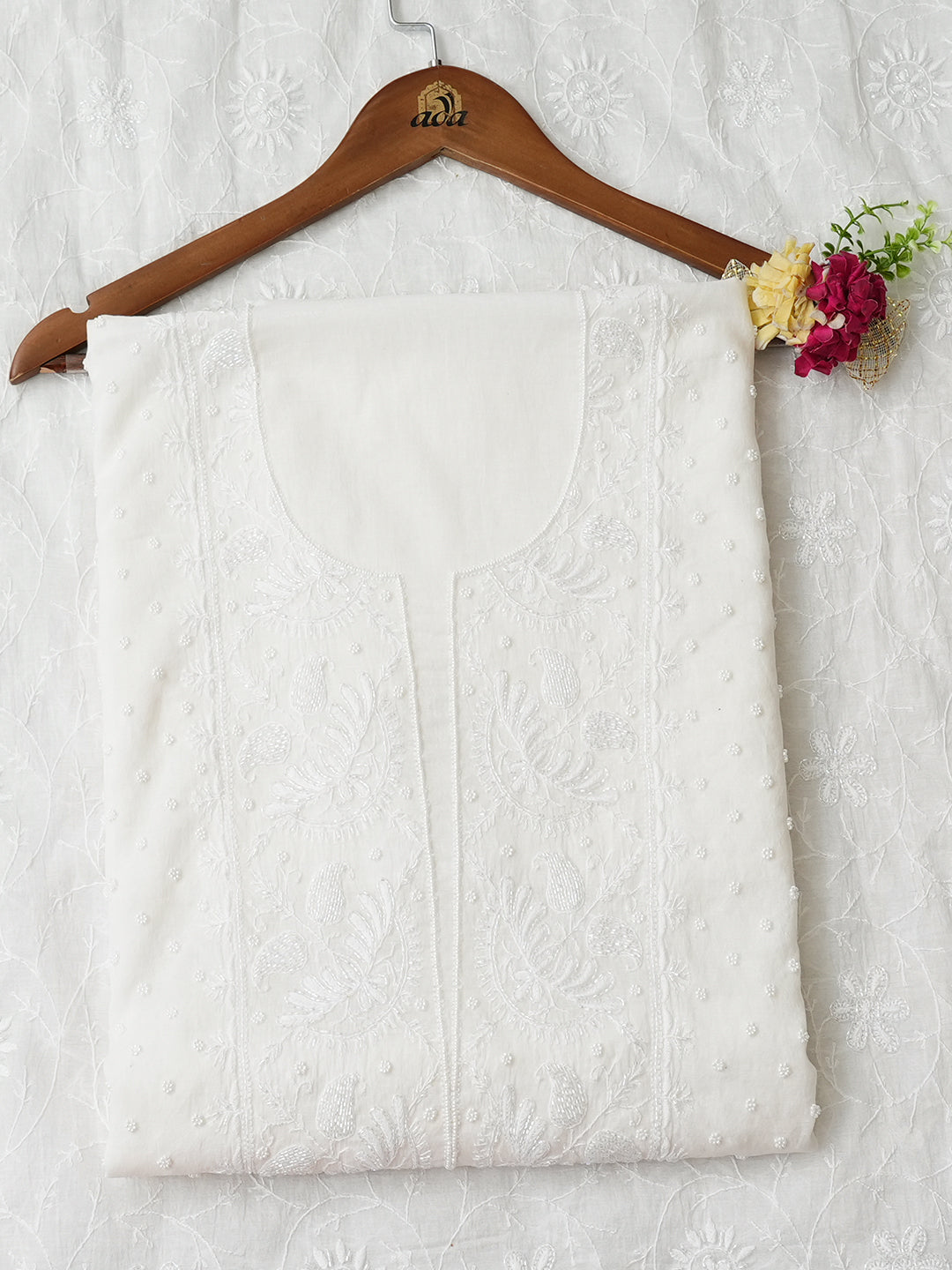 Ada Hand Embroidered White Chanderi Lucknowi Chikankari Unstitched Kurta Dupatta Set With Pearl & Cutdana Work 01A977152