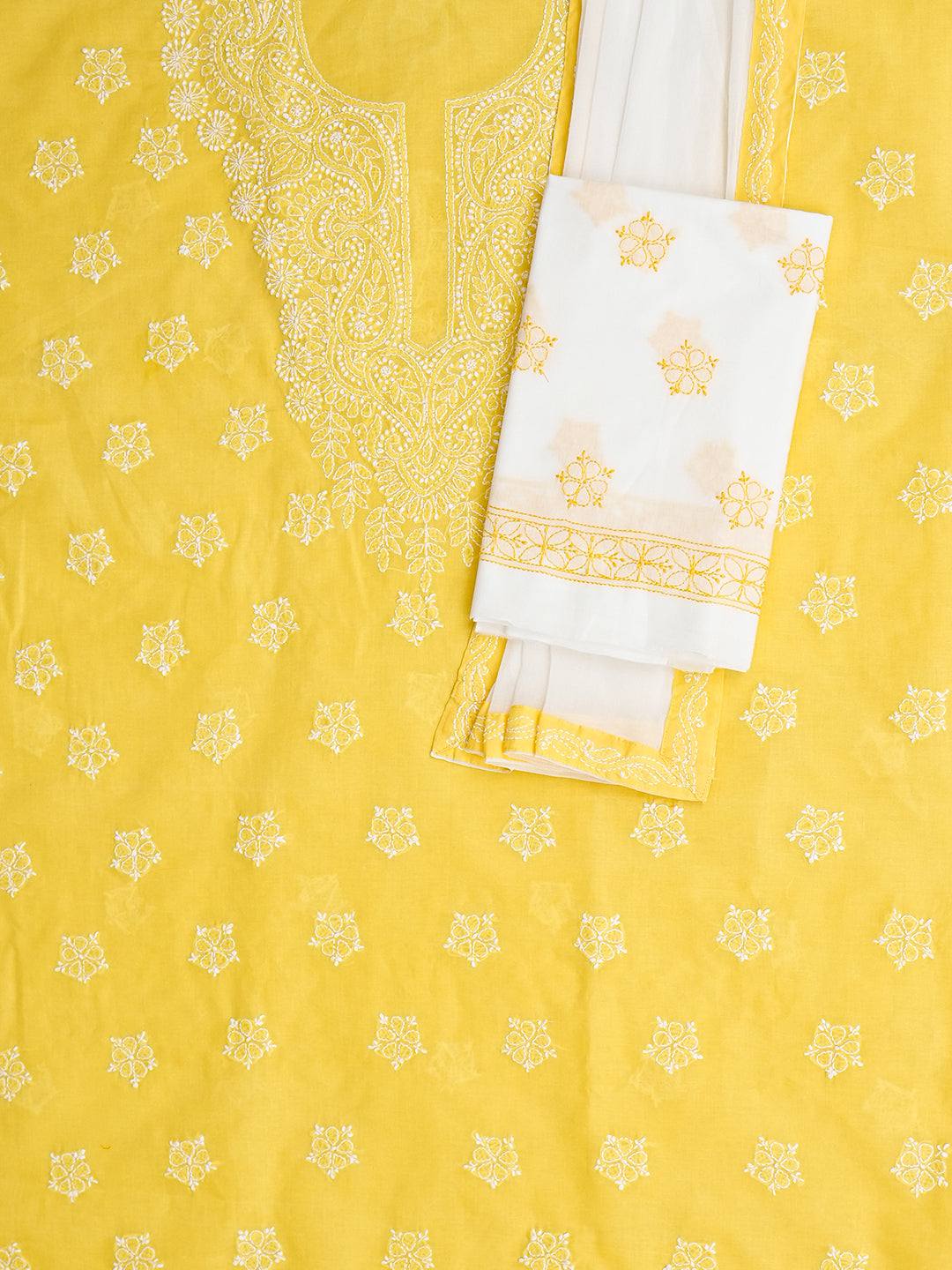 Ada Hand Embroidered Yellow Cotton Lucknowi Chikankari Unstitched Suit Piece With Chiffon Dupatta A211363