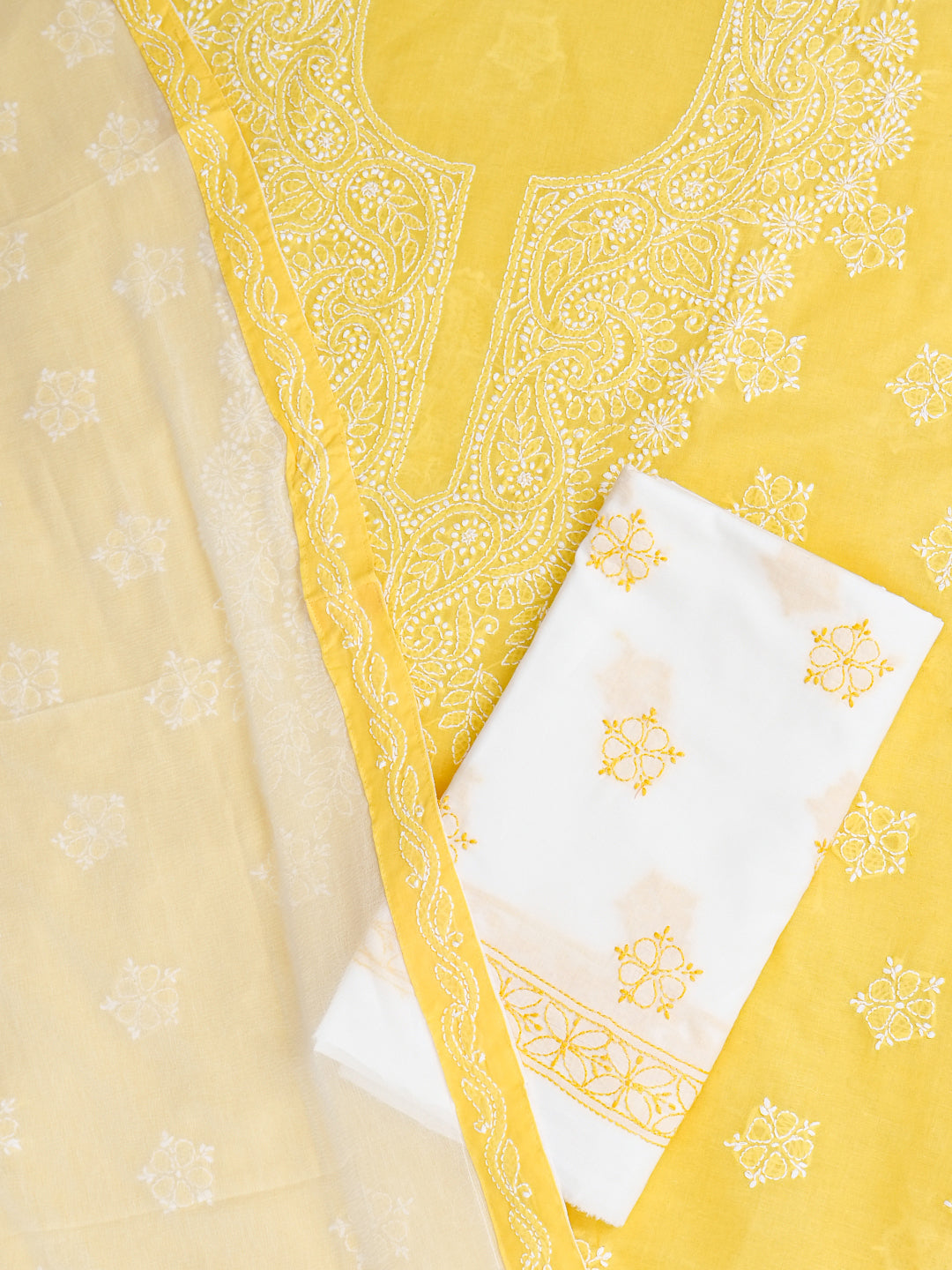 Ada Hand Embroidered Yellow Cotton Lucknowi Chikankari Unstitched Suit Piece With Chiffon Dupatta A211363