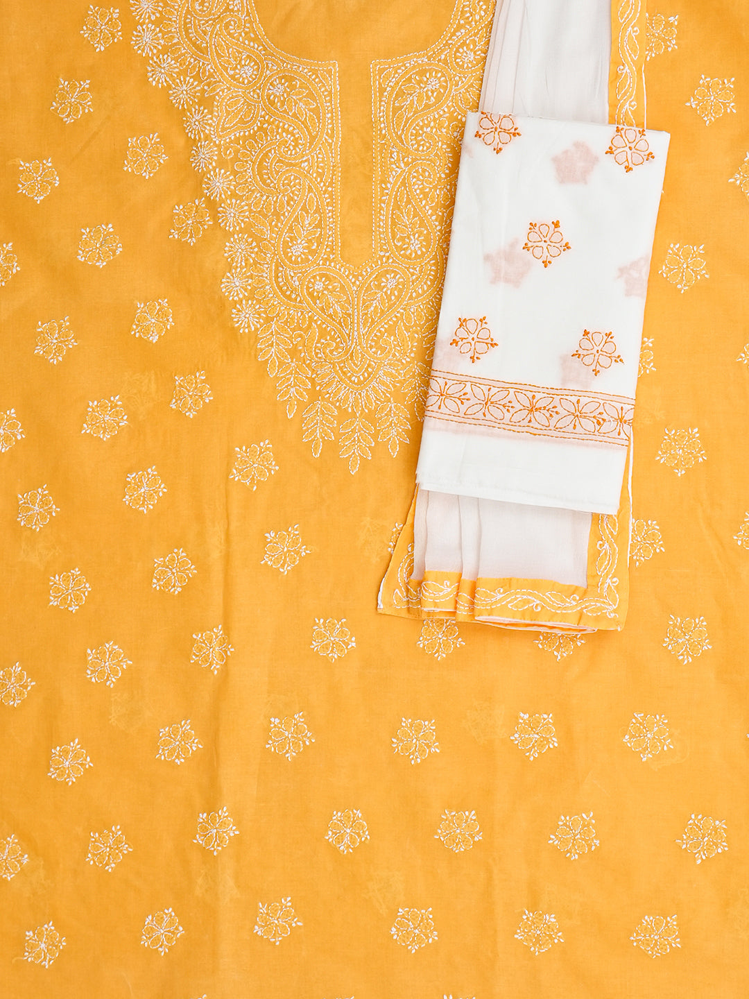 Ada Hand Embroidered Mustard Cotton Lucknowi Chikankari Unstitched Suit Piece With Chiffon Dupatta A211368
