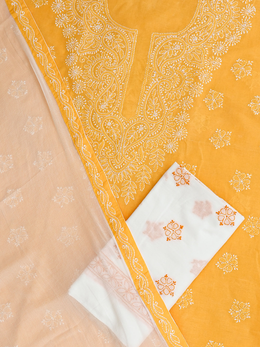 Ada Hand Embroidered Mustard Cotton Lucknowi Chikankari Unstitched Suit Piece With Chiffon Dupatta A211368
