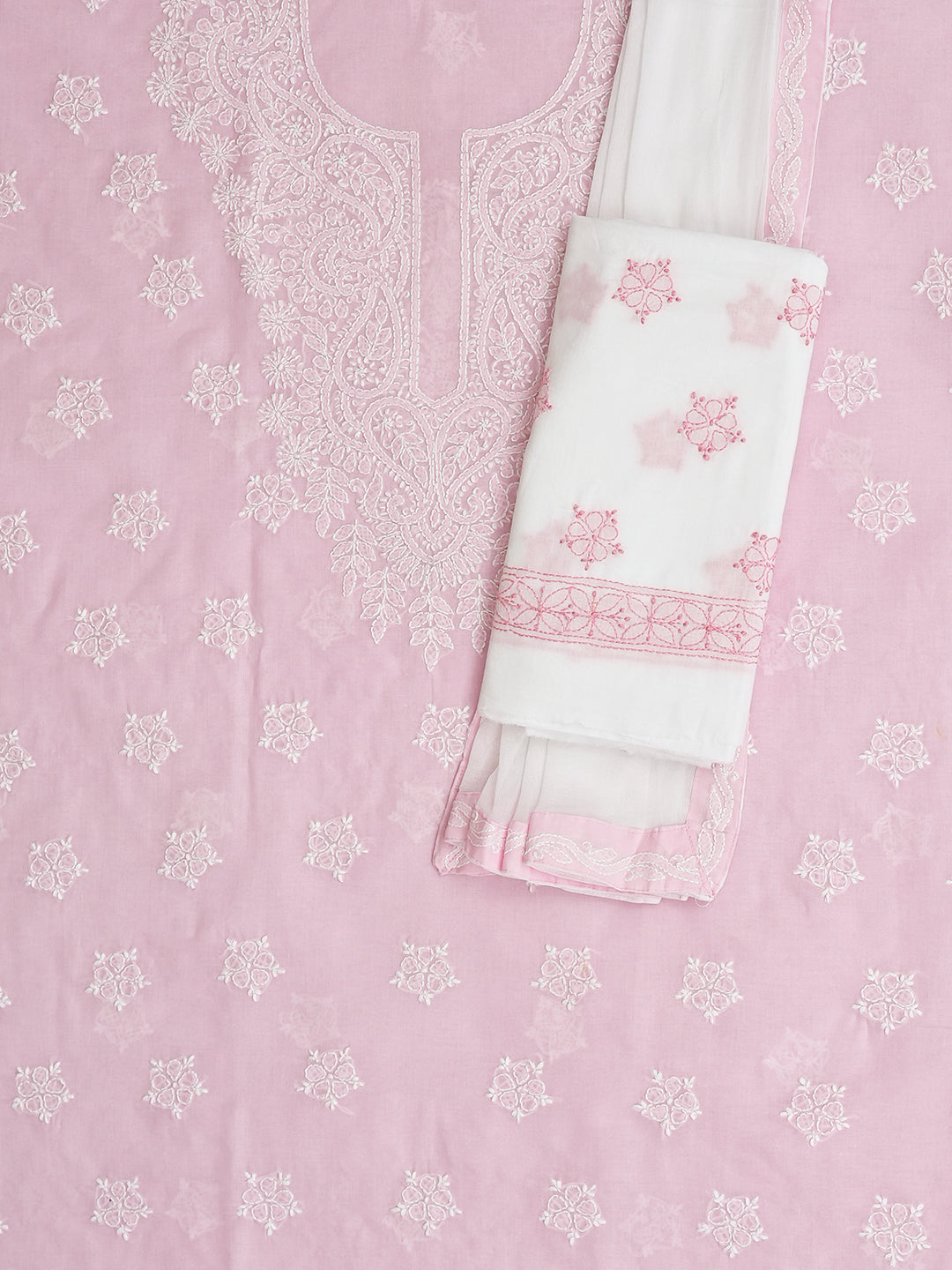 Ada Hand Embroidered Pink Cotton Lucknowi Chikankari Unstitched Suit Piece With Chiffon Dupatta A211369