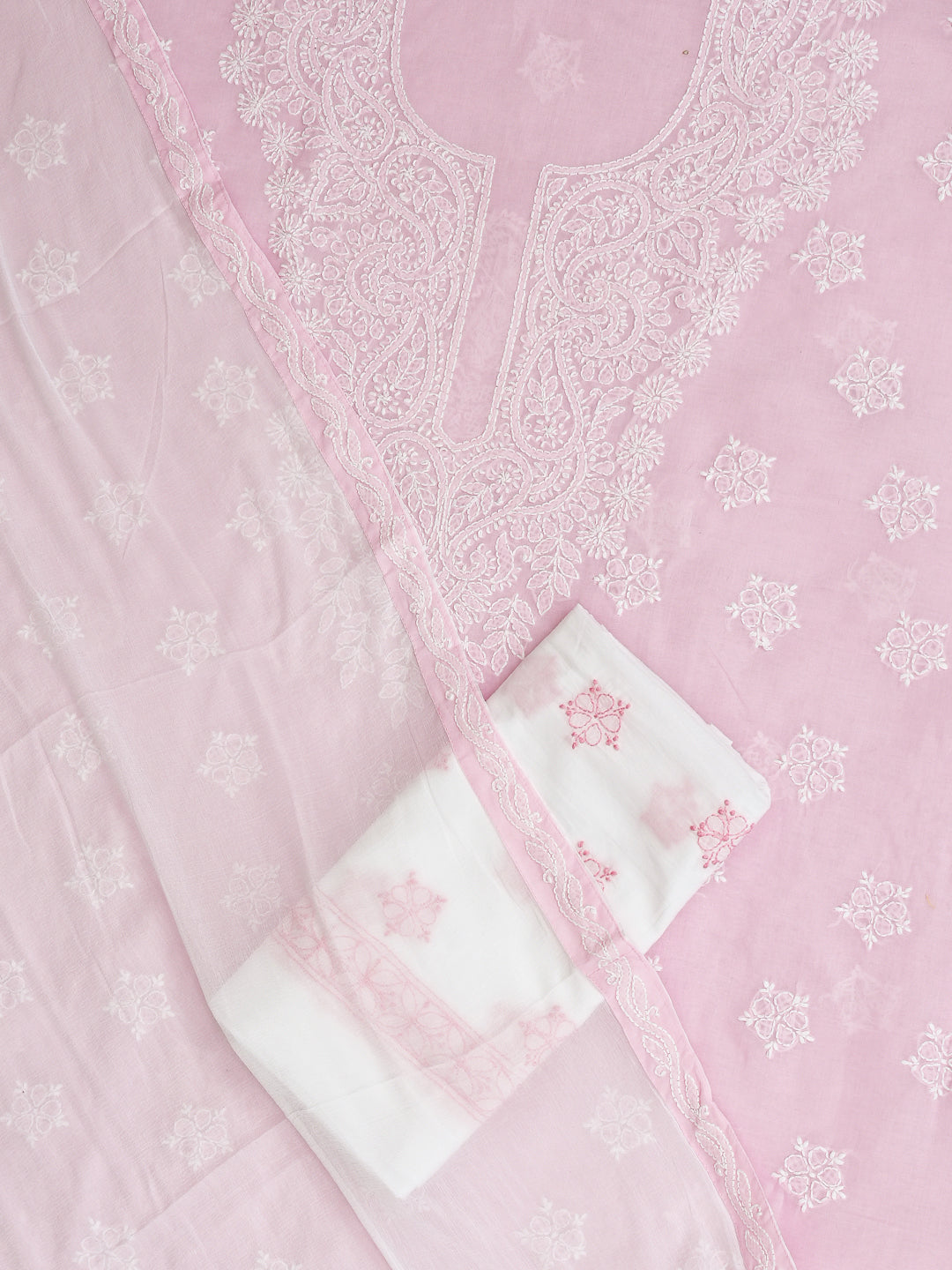 Ada Hand Embroidered Pink Cotton Lucknowi Chikankari Unstitched Suit Piece With Chiffon Dupatta A211369