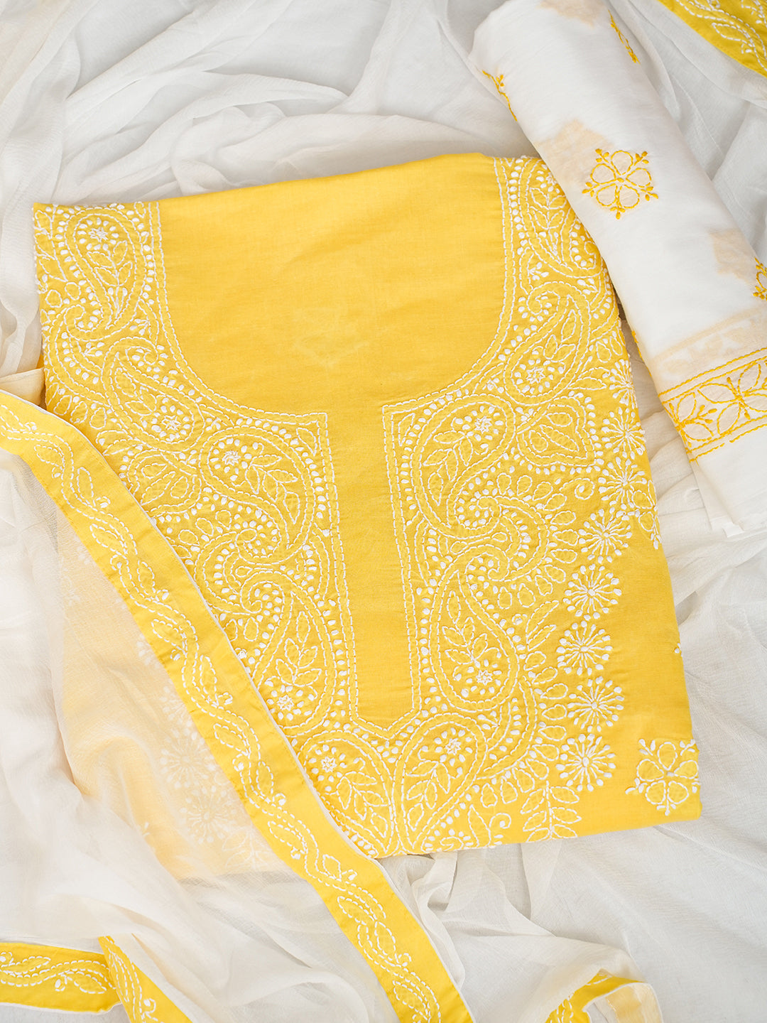 Ada Hand Embroidered Yellow Cotton Lucknowi Chikankari Unstitched Suit Piece With Chiffon Dupatta A211363
