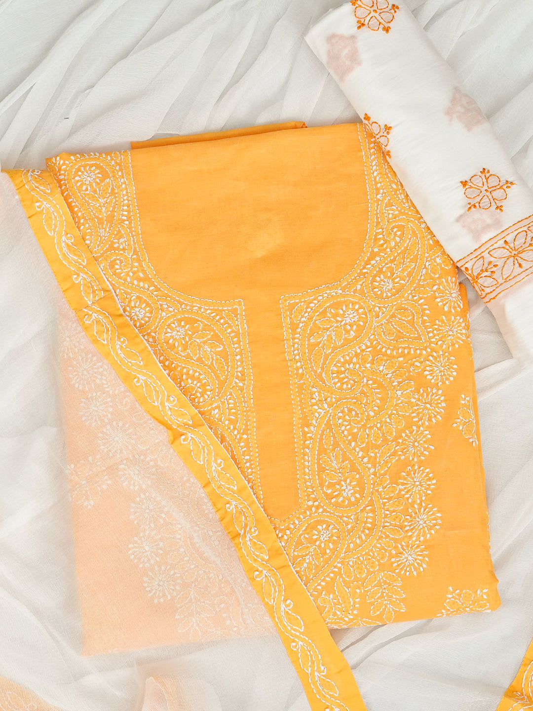 Ada Hand Embroidered Mustard Cotton Lucknowi Chikankari Unstitched Suit Piece With Chiffon Dupatta A211368