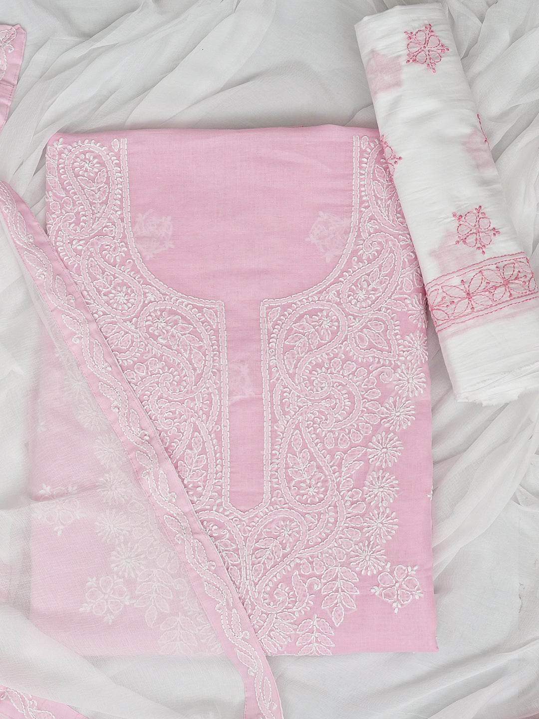 Ada Hand Embroidered Pink Cotton Lucknowi Chikankari Unstitched Suit Piece With Chiffon Dupatta A211369