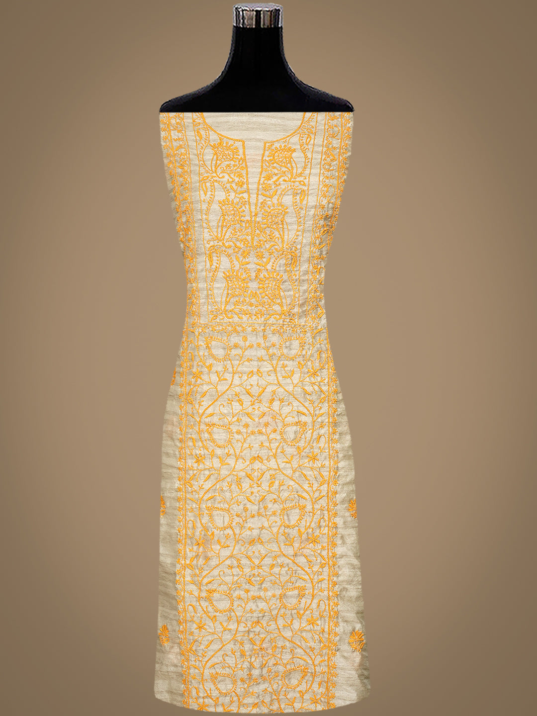 Ada Hand Embroidered Fawn Silk Lucknowi Chikankari Unstitched Kurta Dupatta Set 01A958724