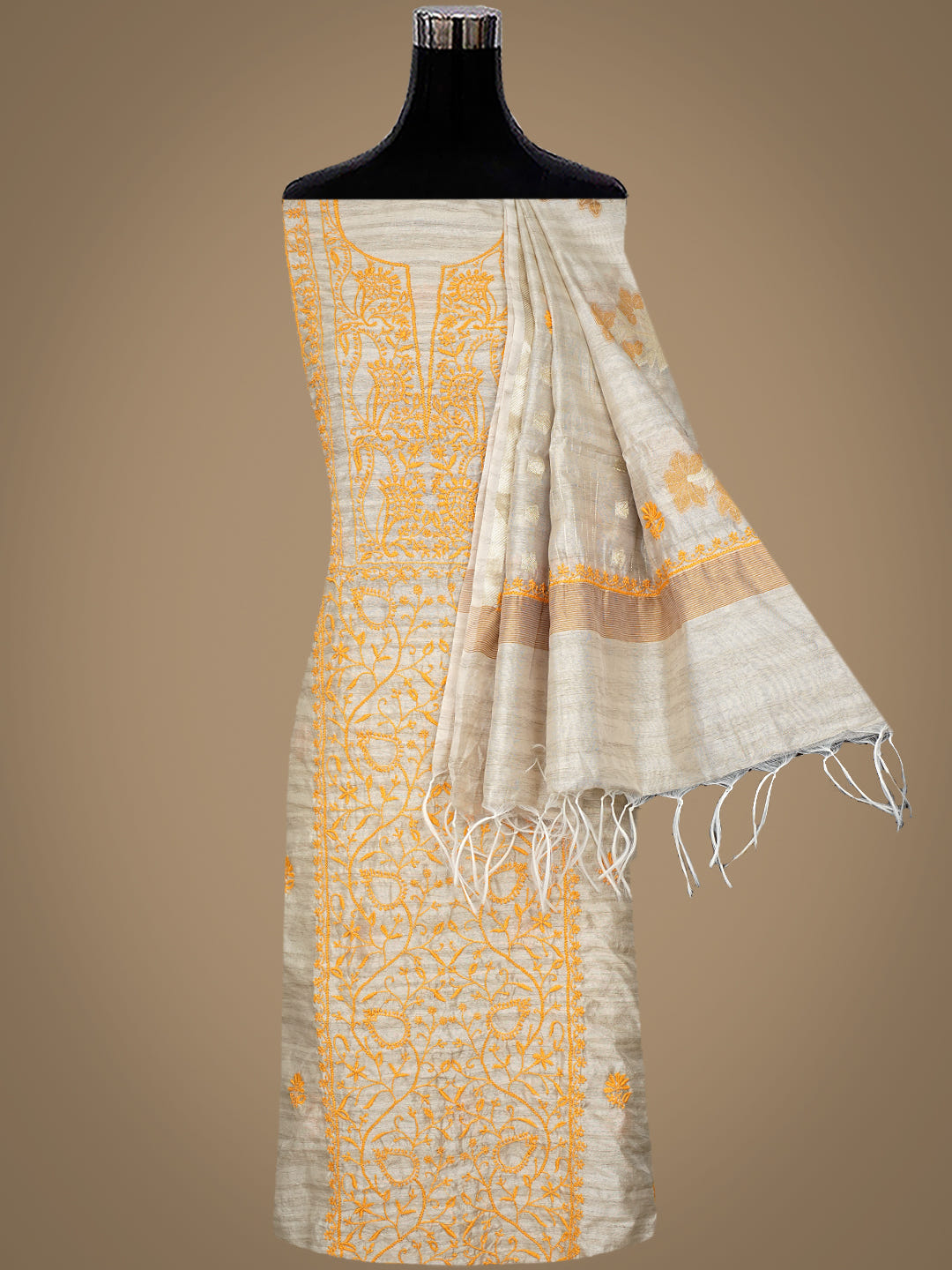 Ada Hand Embroidered Fawn Silk Lucknowi Chikankari Unstitched Kurta Dupatta Set 01A958724