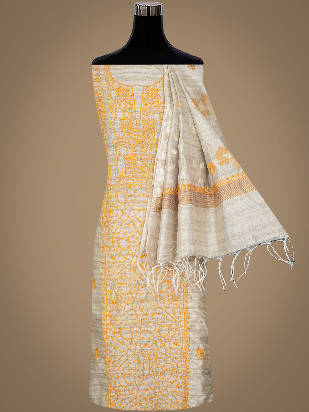 Ada Hand Embroidered Fawn Silk Lucknowi Chikankari Unstitched Kurta Dupatta Set 01A958724