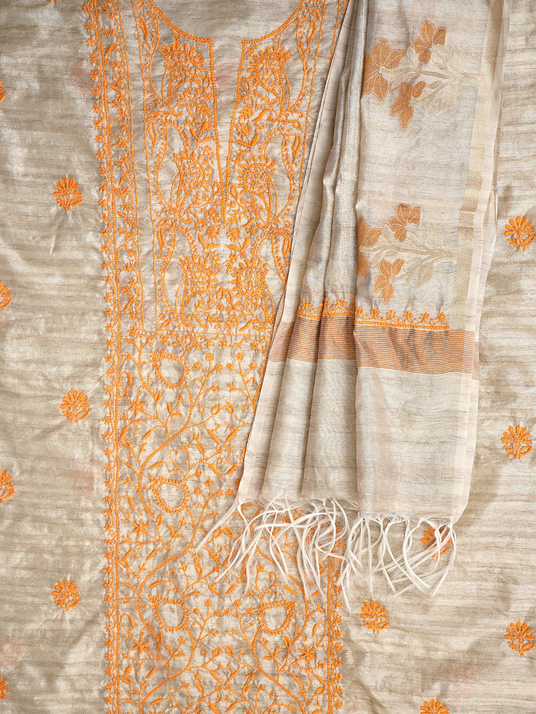 Ada Hand Embroidered Fawn Silk Lucknowi Chikankari Unstitched Kurta Dupatta Set 01A958724