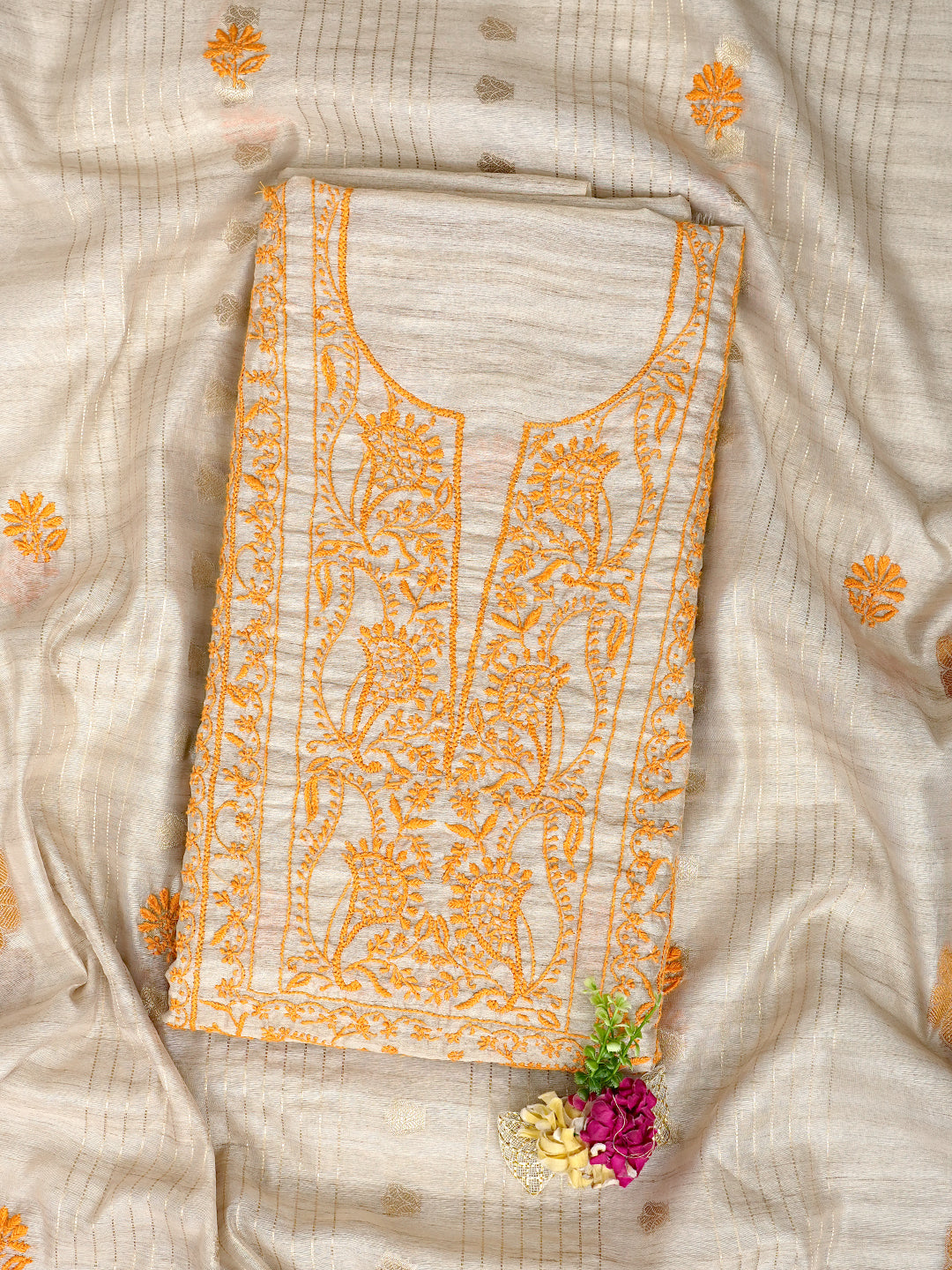 Ada Hand Embroidered Fawn Silk Lucknowi Chikankari Unstitched Kurta Dupatta Set 01A958724