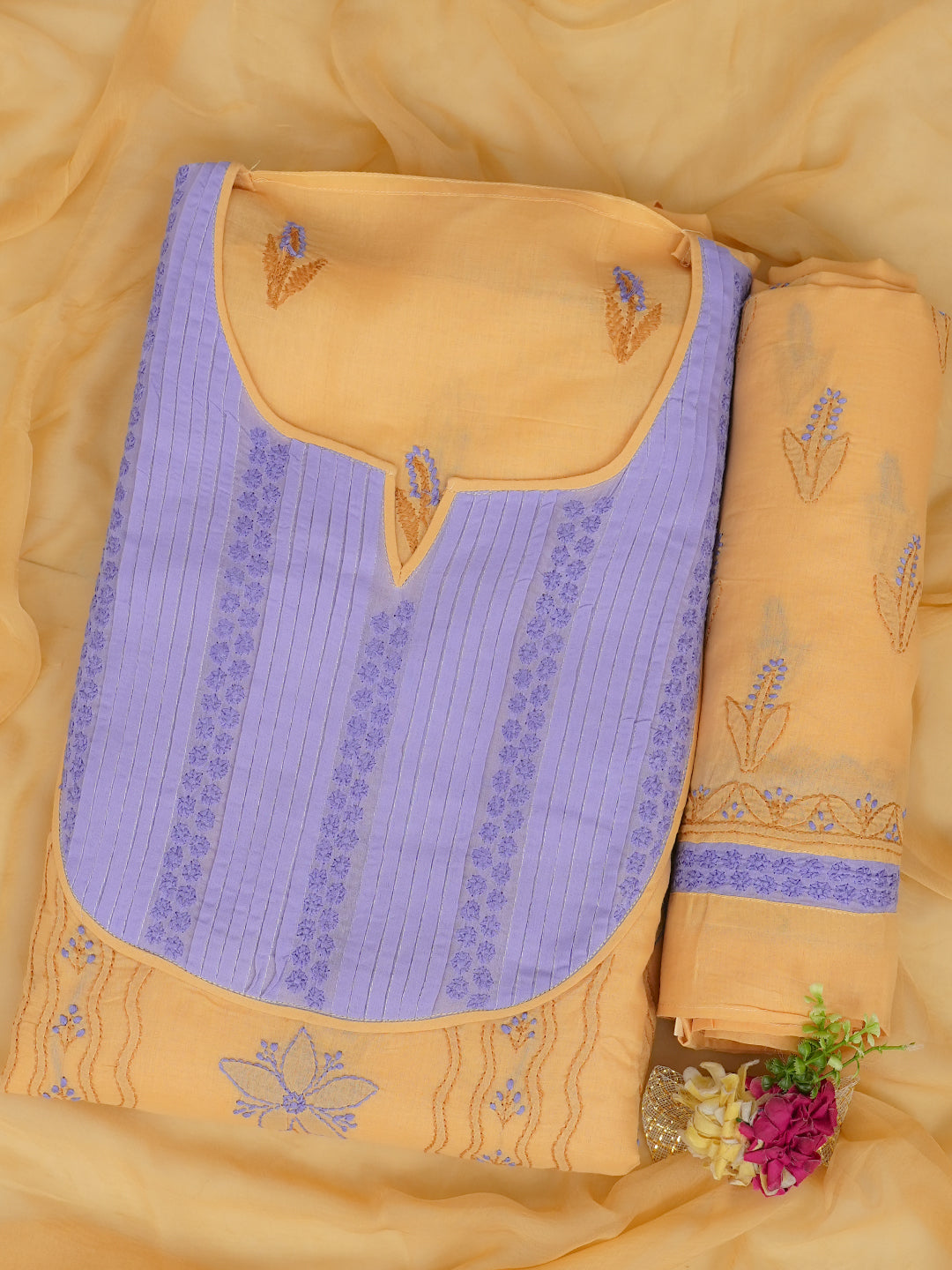 Ada Hand Embroidered Fawn Cotton Lucknowi Chikankari Unstitched Suit Piece 01A981443