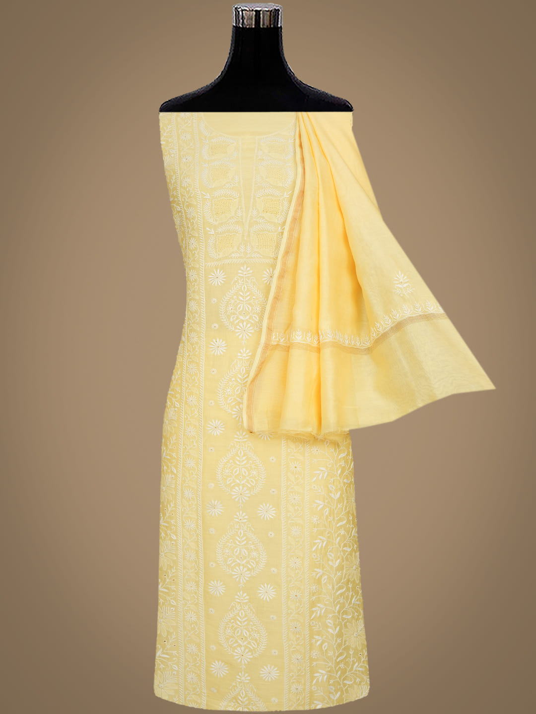 Ada Hand Embroidered Dark Cream Chanderi Lucknowi Chikankari Unstitched Kurta Dupatta Set 01A972686