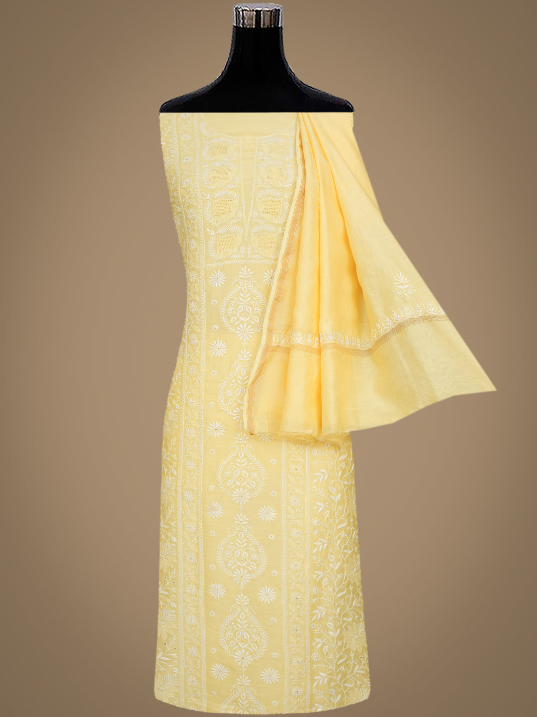Ada Hand Embroidered Dark Cream Chanderi Lucknowi Chikankari Unstitched Kurta Dupatta Set 01A972686