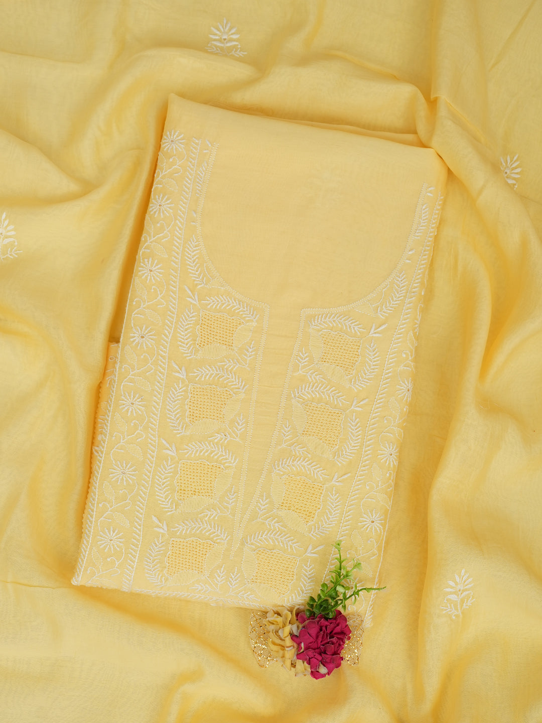 Ada Hand Embroidered Dark Cream Chanderi Lucknowi Chikankari Unstitched Kurta Dupatta Set 01A972686
