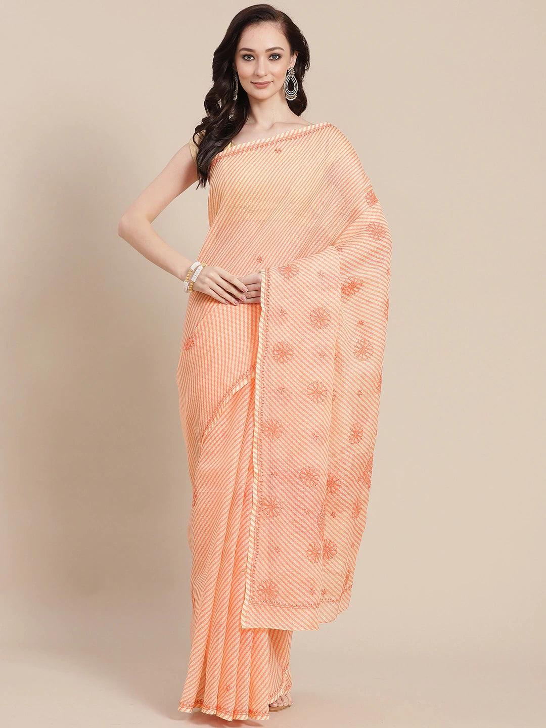 Ada Hand Embroidered Peach Kota Lucknow Chikan Saree With Blouse A311350