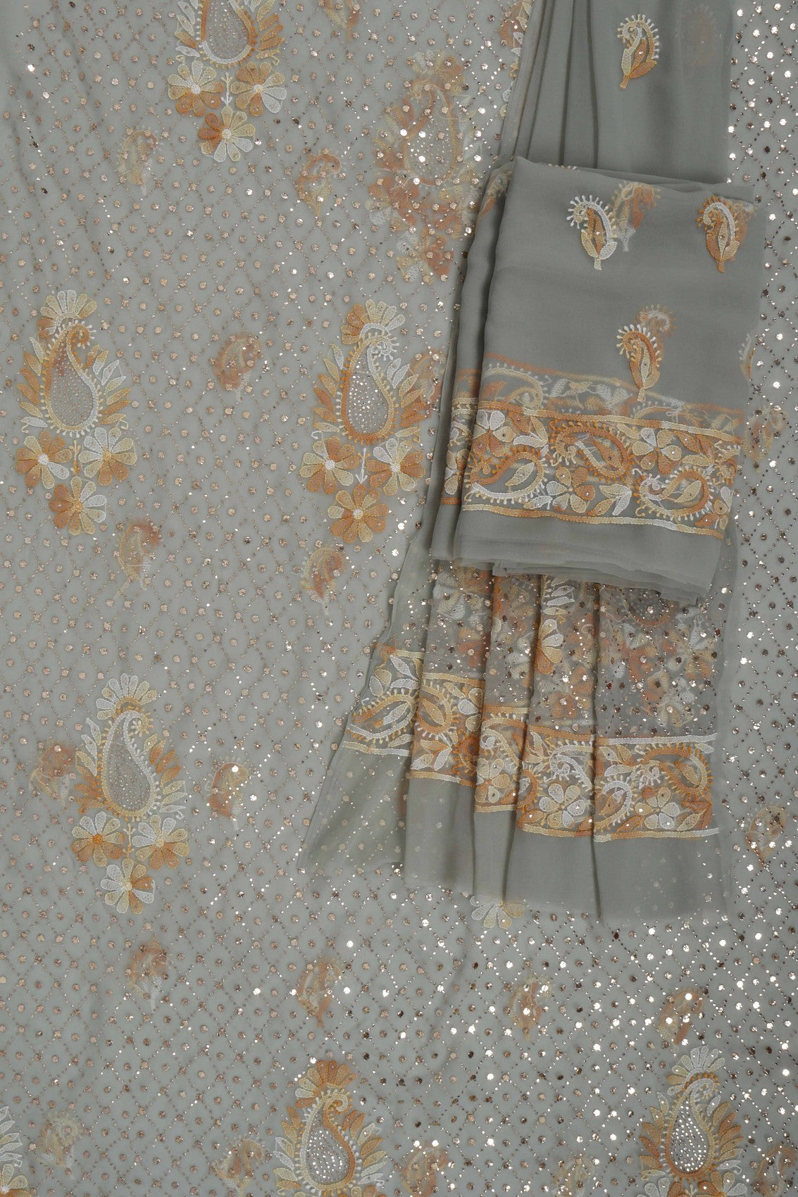 Ada Hand Embroidered Grey Georgette Lucknowi Chikankari Unstitched Suit Piece With Muqaish Work 01A211559
