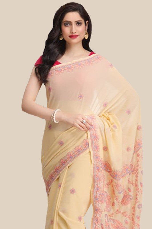 Ada Hand Embroidered Fawn Georgette Lucknowi Chikankari Saree With Blouse A159296